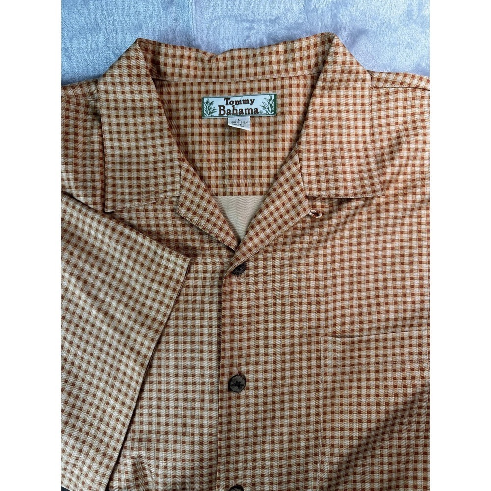 Tommy Bahama Shirt Mens Large Brown Check 100% Silk Short Sleeve Button Up